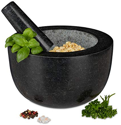 Relaxdays Mörser mit Stößel, Granit, poliert, für Gewürze und Kräuter, 750 ml Volumen, Steinmörser D: 20 cm, dunkelgrau