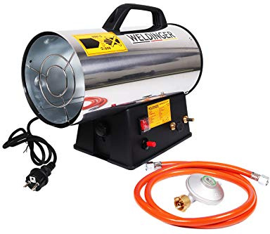 WELDINGER Gasheizkanone 13,3 kW Edelstahl mit Piezozündung Set mit Schlauch + Regler Heizgerät Bauheizer Heizgebläse