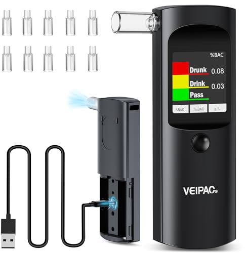 Alkoholtester Polizeigenau Alkoholtest Promillemessgerät: Tragbarer Alcohol Tester Promilletester mit 11 Mundstücken - Digitaler Alkotester Hohe Genauigkeit für Persönlichen Gebrauch Sensor - Schwarz