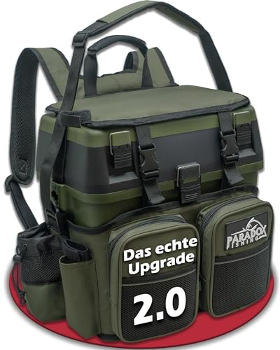 Paradox Fishing 3-in-1 Multifunktions-Sitzkiepe I Angelrucksack I Angeltasche Angelkoffer mit Sitz Angelkoffer- viel Platz für Angelzubehör (schwarz/grün)