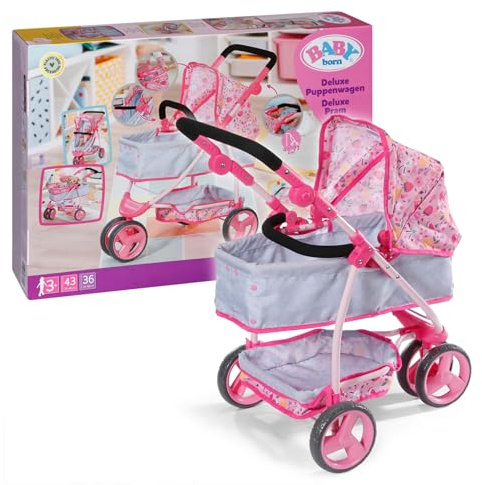 Baby Born Deluxe Puppenwagen, Puppenwagen mit Verstellbarer Liege-Fläche und Griff, 834145 Zapf Creation