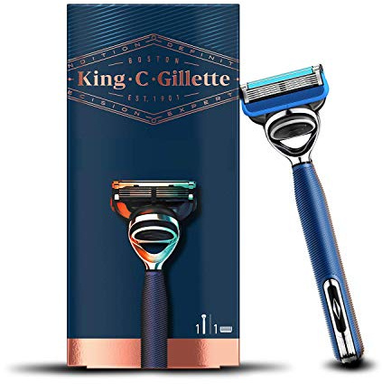 King C. Gillette Nassrasierer Herren, Rasierer + 1 Rasierklinge mit 5-fach Klinge, Marineblau, Geschenk Männer