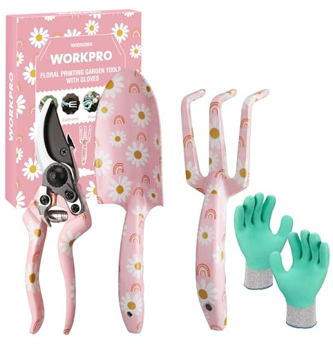WORKPRO Gartenwerkzeug Set 4-tlg., Gartengeräte mit Geschenkverpackung, Gartenschaufel Gartenschere Gartenkralle Handschuhe, Geschenke für Gärtnerinnen und Gärtner, Gartengeschenk rosa