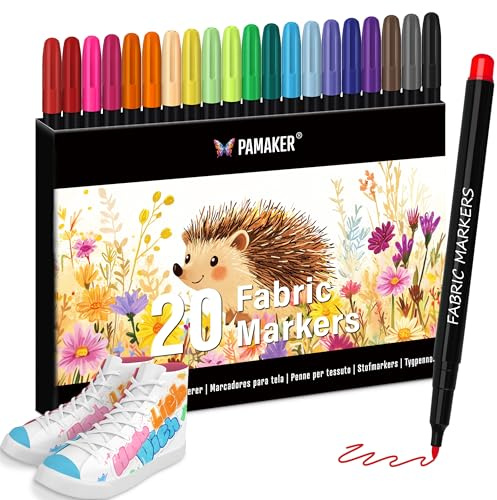 Pamaker 20 Textilstifte – Waschmaschinenfest und Permanent für T-Shirts, Stofftaschen, Schuhe und mehr – Ungiftig, ideal für Kinder und Erwachsene