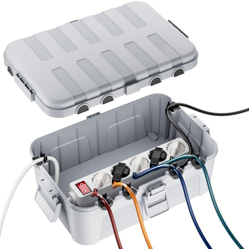 RESTMO große Kabelbox wasserdicht, Elektrokasten für Verlängerungskabel | IP54 wetterfest, 32x22x13cm, für Steckdosenleiste, Außensteckdose, Gartensteckdose, Verteilerdose & Kabel, Hellgrau