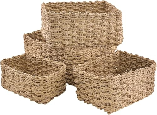 Aufbewahrungskörbe Badezimmer 4er Set, Regalkörbe aus Papierseil (Natur) | 4 Größen aus Papierseil für Bad, Regal und Kosmetik, dekorative Körbe für stilvolle Ordnung