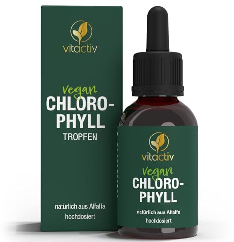 VITACTIV Chlorophyll Tropfen - Flüssiges Chlorophyll aus Alfalfa plus Folsäure - Hochdosiert, 200mg je Tagesdosis - Vitamin B9 gegen Müdigkeit - 50ml, 1000 Tropfen