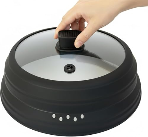 Mikrowellen Abdeckung 25cm,Mikrowelle Abdeckung Glas,11 Dampf-Öffnungen | Silikon und Gehärtetes Glas,Hitzebeständig Kältefest,Faltbar,Spülmaschinenfest,Geeignet für Töpfe,Schüsseln Schalen,Schwarz