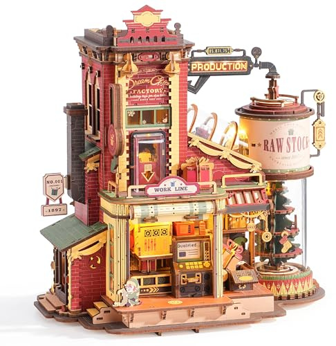 ROBOTIME Geschenkfabrik 3D-Holzmodell für Erwachsene, EAB01 | 449 Teile, Ca. 12 Stunden Aufbau, Musik- & Lichteffekte, Vier bewegte Produktionsstufen