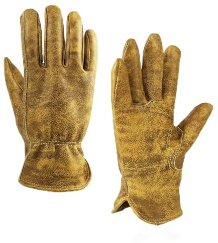 OLSON DEEPAK Rindsleder Arbeitshandschuhe groß, geöltes Leder Gartenhandschuhe, Sicherheits-Arbeitshandschuhe für Camping/Schweißen/Fahren/BBQ/Bushcraft, Retro Motorrad Lederhandschuhe