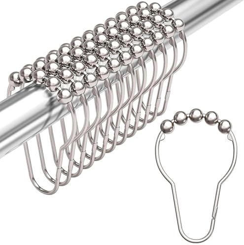 12 Stück Duschvorhangringe, Duschvorhang Haken Edelstahl Rostfrei mit Kugel Gleitsystem, Duschvorhang Ringe für Badezimmer, Wohnzimmer, Schlafzimmer, Küche (Silber)