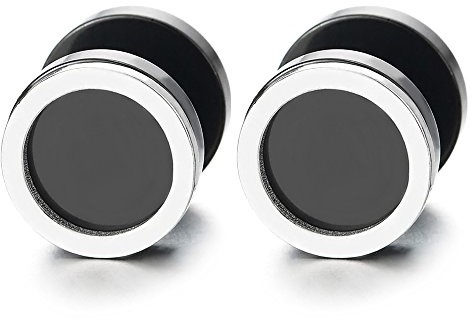 10MM Herren Damen Silber Schwarz Kreis Ohrstecker Ohrringe, Fake Plugs Ohr Cheater Tunnel Gauges Edelstahl