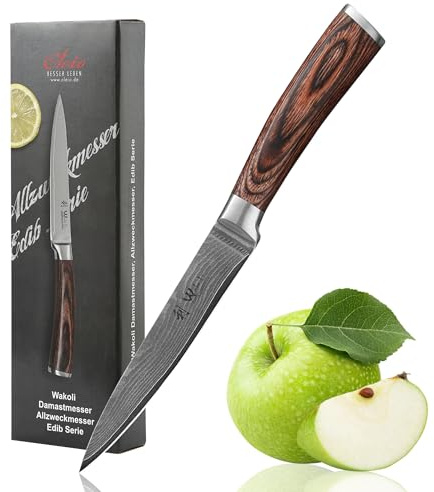 Wakoli EDIB Allzweckmesser aus echtem Damaststahl (VG10 Kern) mit 12,5 cm Klinge – Scharf & ergonomisch – Damastmesser mit Pakkaholzgriff in edler Geschenkbox – Kleines Küchenmesser für Obst & Gemüse