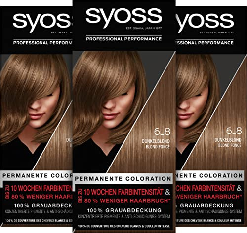 Syoss Color Coloration 6_8 Dunkelblond Stufe 3 (3 x 115 ml), permanente Haarfarbe für bis zu 10 Wochen Farbintensität und 70 % weniger Haarbruch*