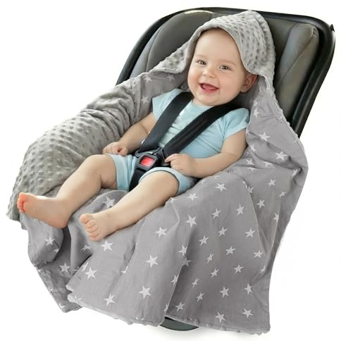 Medi Partners Einschlagdecke für Babyschale Ganzjahres-Babydecke universal 85 x 85 cm für Kinderwagen Buggy und Autositz Kuscheldecke(weiße Sterne mit grauen Minky