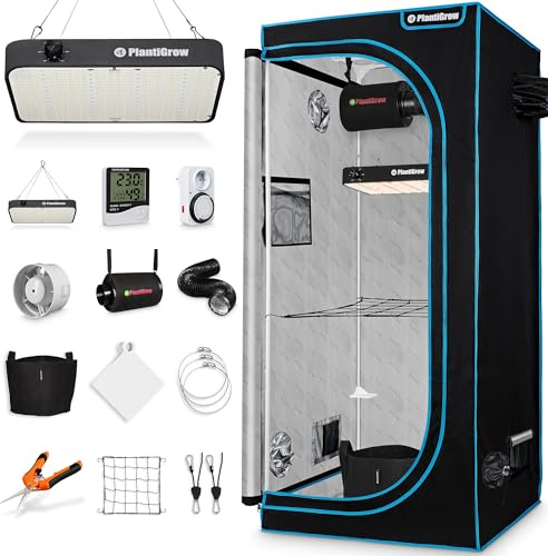PlantiGrow Growbox Komplettset – Indoor Gewächshaus mit 150W Vollspektrum LED Lampe (Dimmbar), 1680D, Carbon-Filter, Inline-Kanalventilator, Abluftschlauch (60x60x180cm)