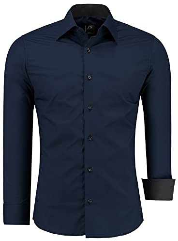 J'S FASHION Herren-Hemd - Slim-Fit - Langarm-Hemd Freizeithemd - Pflegeleicht Bügelleicht - Dunkelblau L