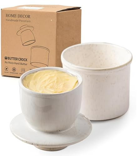 HOME DECOR Butterdose Keramik, Relief-Print, Butterglocke - Weiß | Handgefertigt, Reaktive Glasur, BPA Frei, Butter dauerhaft streichzart, Spülmaschinenfest, 170 g/180 ml Fassungsvermögen