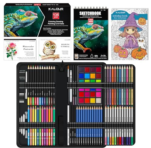 KALOUR 135 Zeichen-Set Skizzier-Kit, Zeichenmaterial mit 3-Farben-Skizzenbuch & Zeichenpapier, Inklusive Anleitung, Öl-basiert, Neon, Kohle, Aquarell & Metallische Stifte, für Künstler Anfänger