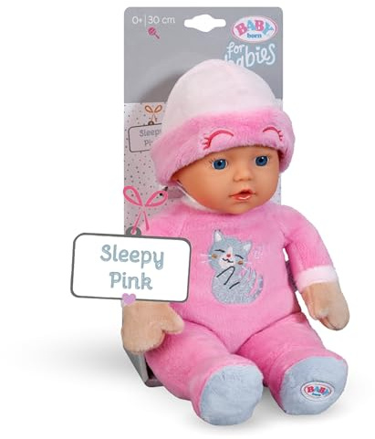 BABY Born for Babies Sleepy Pink - weiche 30 cm Puppe - Mit pinkem Körper & integrierter Rassel - Stoffpuppe inkl. festem Mützchen - Geeignet für Neugeborene