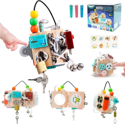 Maycoly Busy Board Baby 15-in-1 Busy Activity Cube Fidget Cube Stresswürfel Anti Stress Spielzeug Aktivitäts Würfel Spielzeug Holz Montessori Lernspielzeug Activity Board für Kleinkinder ab 3 Jahren