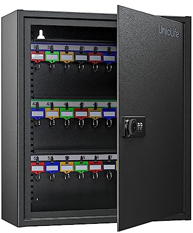 Uniclife 60 Positionen Schlüsselschrank mit Kombination und Schlüsselschloss, zurücksetzbar, schwarz, Digitale Sicherheitsbox, Schlüssel-Organizer mit verstellbaren Regalen