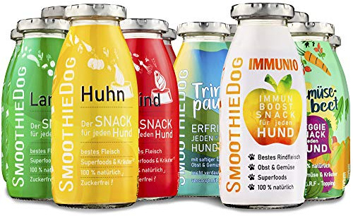 Hunde Smoothie SmoothieDog 12er Mix - je 2X: Huhn, Rind, Lamm, Trinkpause (Ente), Immunio (Rind), Gemüsebeet (vegetarisch) - Flüssiges Hundeleckerli - Zucker- & glutenfrei - je 250ml
