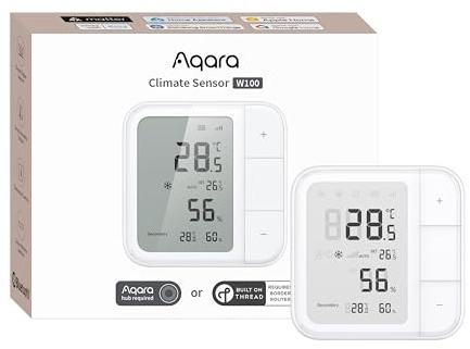 Aqara Raumthermostat W100, Temperatur & Luftfeuchtigkeit Überwachung | Wireless, Fernsteuerung HVAC, 3 Anpassbare Tasten, Matter,Thread/Zigbee, HomeKit, Funktioniert mit Apple Home, Alexa, Google