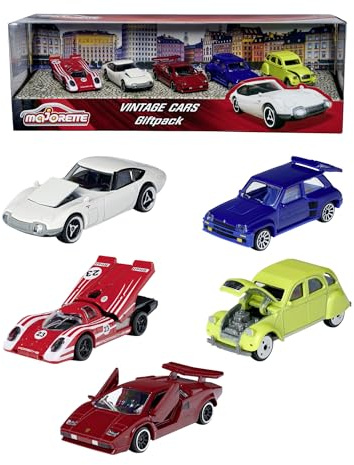 Majorette 212052013 Vintage 5er-Geschenkset, Spielzeugautos mit Freilauf aus Metall, Vintage-Versionen von Ford, Porsche, Renault und VW, bewegliche Teile, 7,5 cm