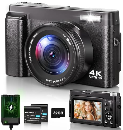 Digitalkamera 4K, 48MP 16X Autofokus Digitalzoom Fotokamera, 3 Zoll 180° Flip LCD Screen HD Kompakte Vlog Kamera mit Ladestation, 2 * 800 mAh Akkus, 32GB Karte für Anfänger, Kinder