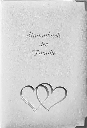 Stammbuch der Familie Hochzeit – Hochwertiges Familienstammbuch Leder Weiß mit Silberprägung Herzen – 6-Ring Mechanik für Urkunden 13x20 cm – Stammbuch für Heiratsurkunde & Dokumente