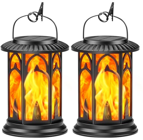 BUCASA Solarlampen für Außen Hängend, 2 Stück Vintage Solar Laternen für Draußen Fackeln, Solarleuchten für Außen mit Realistischen Flammeneffekt, Weihnachtslaterne Balkon Tisch Garten Halloween Deko