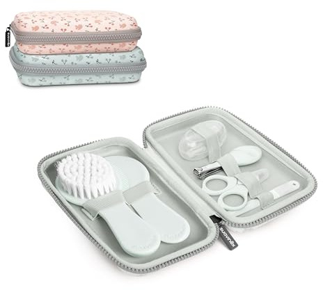 Suavinex, Baby-Pflegeset, komplettes und tragbares Kulturbeutel, Maniküre-Set, enthält: Bürste und Kamm + Zahnbürste + Schere + Feile + Nagelknipser, 6-teilig, Grün