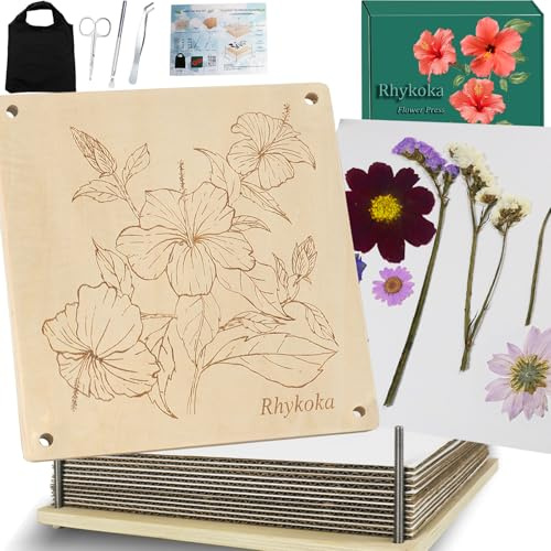 Rhykoka Extra große Blumenpresse, 10 Schichten, 28 x 28 cm, Holzblumen-Pressset für Erwachsene, mit Aufbewahrungstasche, Geschenk für Bastel-Liebhaber (Holz)