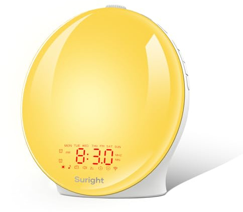 Suright Lichtwecker Tageslichtwecker, Wake Up Licht Wecker, Sonnenaufgang Sonnenuntergang Simulation Wecker Radio 15 Naturgeräusche 2 Alarmen Snooze 18 Farblicht 20 Helligkeit Nachttischlampe