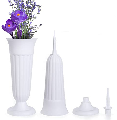 MissFox 2 Stücke Grabvase mit Erdspieß und Sockel, 33 x 11 cm Friedhofsvase Kunststoff, Grabvasen Frostsicher als Grabschmuck, Blumenvase Friedhof für Gräber Garden (Weiß)