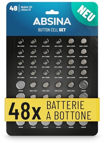 ABSINA 48er Pack Alkaline & Lithium Knopfzellen - 4X AG1 LR621, AG3 LR41, CR2016, CR2025 / 8X AG4 LR66, AG10 LR1130, AG13 LR44, CR2032-1,5V & 3V Knopfzelle Sortiment auslaufsicher - Knopfbatterien