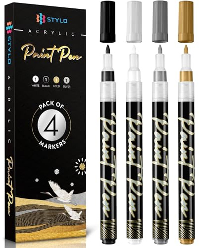 Stylo Acrylstifte Schwarz Weiß Gold Silber, 4 Metallic Stifte | 0,7 mm Spitze, deckend, wasserfest, zum Steine bemalen und für Weihnachtskugeln, in Schule, Büro und Garten