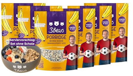 3Bears Porridge - Mohnige Banane I 6x400g veganes Porridge mit Vollkorn-Haferflocken I Mit rein natürlicher Süße und ohne Zusatzstoffe I auch als Oatmeal, Frühstücksbrei oder Overnight Oats