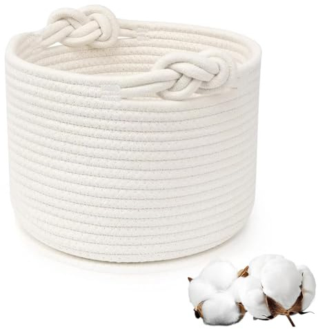 Aufbewahrungskorb Kinder, Aufbewahrungskorb Geflochten | Korb Geflochten mit Griffen Rund Baumwollkorb Korb für Organisieren von Kleidung, Badezimmer, Spielzeug (24×18cm, Weiß)