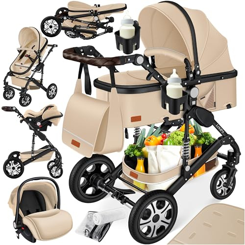 KESSER® Loops 4 in 1 Kinderwagen Kombikinderwagen Komplett-Set inkl. Babywanne & Buggy Sportsitz & Auto-Babyschale Voll-Gummireifen Wickeltasche Regenschutz Kindertisch ECE R129, Beige/Schwarz