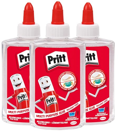 Pritt Alleskleber transparent, schnell trocknender Kleber, lösemittelfreier Flüssigkleber ideal für Büro, zu Hause oder Schule, Bastelkleber für viele Bastelmaterialien, 3x 145g