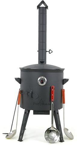 ZARENHOFF Utschak Ø40cm Feuerofen mit Gusseisen Kazan 12L flacher Boden Set | Traditioneller Outdoor Kochkessel Dutch Oven mit Aluguss Deckel, Thermometer, 2 Plov-Schaumlöffeln & Schöpfkelle 48cm