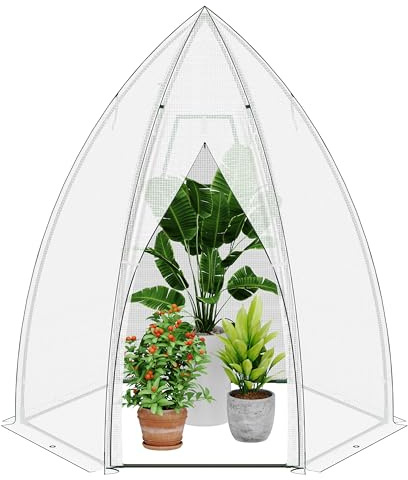 Ribelli Überwinterungszelt für Pflanzen, Gewächshaus mit Tür, Foliengewächshaus Tomatengewächshaus φ160 x 180 cm, Gartenhaus Winterfest PE-Gitterfolie, Gemüse, Blumen, Weiß