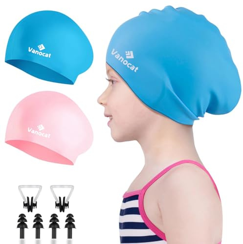 Vanocat 2 Pack Badekappe Kinder Lange/Kurze Haare, Unisex Badekappe Mädchen Jungen für Alter von 3–15 Jahren Kleinkind wasserdichte, Bademütze schwimmkappe mit Ohrstöpseln Nasenclip