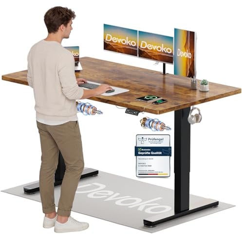 Devoko Höhenverstellbarer Schreibtisch mit 2 Motoren，25mm Einteilige Tischplatte, 160x80 cm Elektrisch Computertisch mit Kabel Management, Vintagebraun - Perfekte Ergonomie für Dein Büro