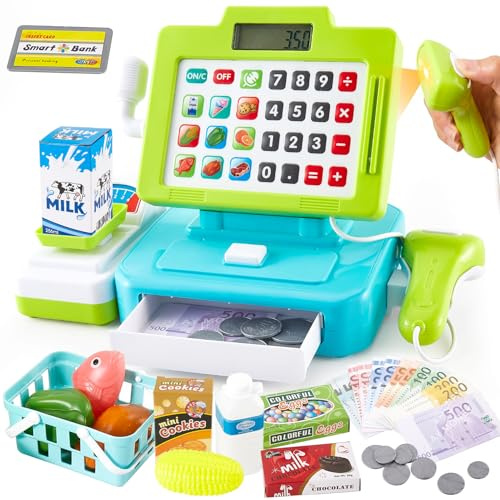 LINFUN KIDS Spielzeug Kasse Kinder mit Scanner und Sound Kaufladen Zubehör für Kind ab 3 4 5 Jahren Moderne Supermarktkasse Kinder Rollenspiele Supermarkt Spielkasse Geschenk 24 x 13 x 19 cm