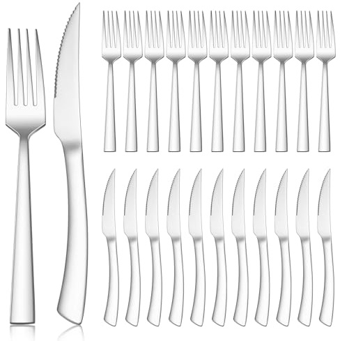Herogo Steakbesteck Set, 24-teilig Edelstahl Messer und Gabel Set für 12 Personen, Silber Besteck Steakmesser und Steakgabel für Haus Restaurant Hotel, Rostfreie & Spülmaschinenfest