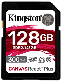 Kingston Canvas React Plus 128GB SDXC Speicherkarte UHS-II 300R/260W U3 V90 für Full HD/4K/8K - SDR2/128GB
