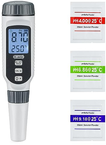 PH Messgerät, Dr.meter PH Messgerät Wasser 0.01Hochpräziser PH Wert Messgerät mit Alarm-LCD-Display und Automatische Temperatur Kompensation für Wasser, Aquarium, Teich, Pool mit Kalibrierpulver